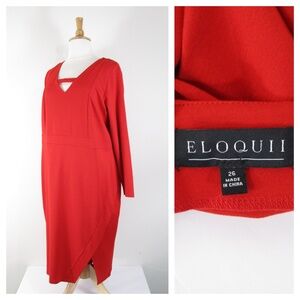 Eloquii Womens Plus Size Solid Red V Neck Keyhole Long Sleeve Sheath Dress 26
